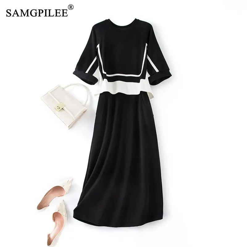 

Elegant Casual Dresses For Women 2023 Light Luxury Commuting OL Mid Waist Hit Color Guard Air Cotton Fake Two Piece Summer Dress