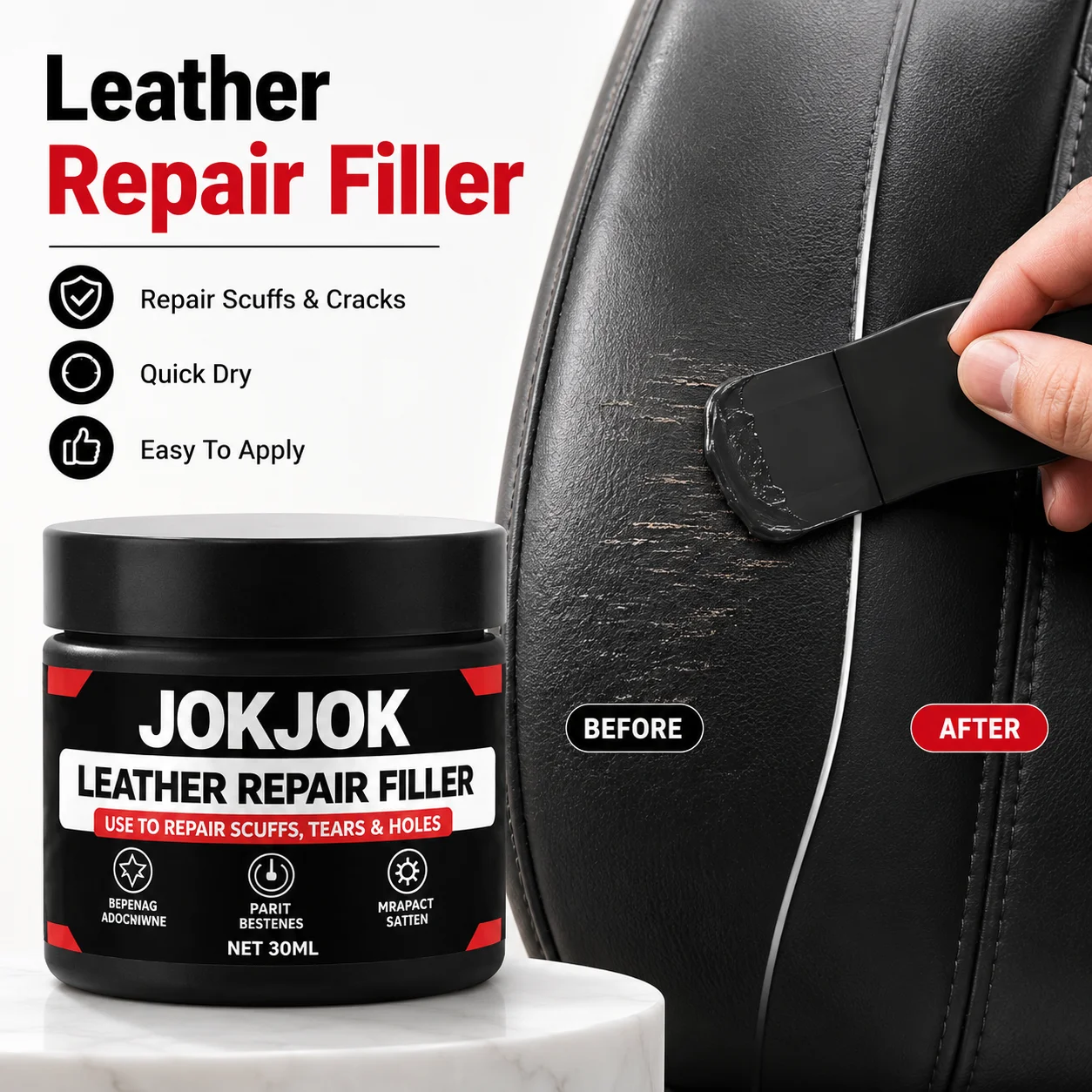 Image of JOKJOK Lederreparaturfüller, 30 ml, schwarze PU-Vinylpaste für Autositze, Sofas, Schuhe, zum Ausbessern von Kratzern, Rissen, Schrammen und Löchern