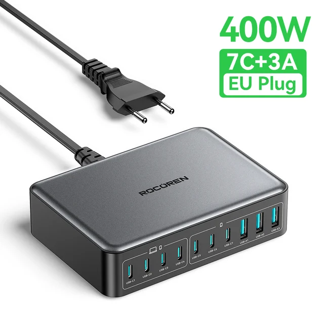 Rocoren 400W USB Type C Fast Charger Portable 10 in 1 Desktop Power Station Type-C Gan Charger For iPhone 16 Pro Max MacBook Air