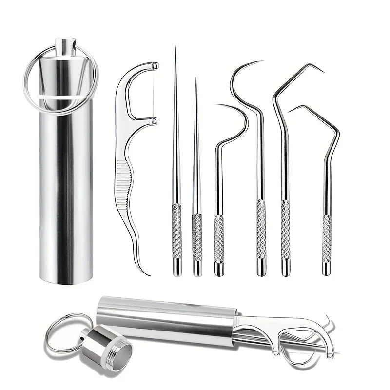 1set Stainless Steel Toothpick Set Tooth Flossing Reusable Toothpicks Portable Toothpick Floss Teeth Cleaner Oral Cleaning Tools