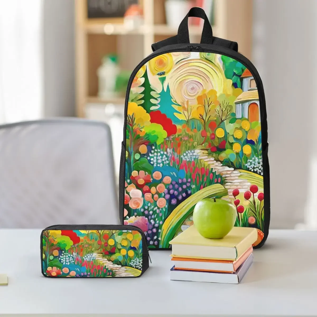 Gustav Klimt Flower Garden With Cottage Backpack  BookBag School Bag Computer Shoulder Bags 3ps Insulated Lunch Bag Pencil Case