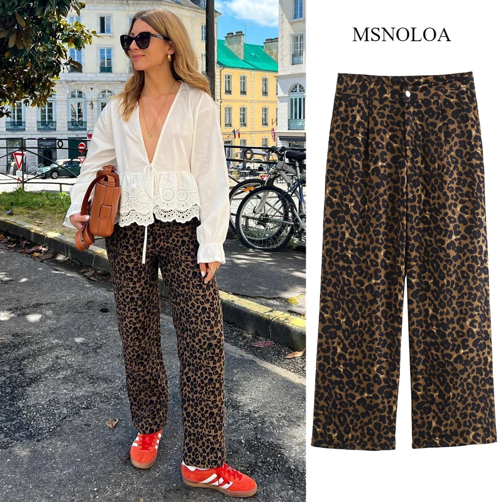 MSNOLOA donna 2024 estate nuova versione casual retrò versatile stampa leopardata pantaloni dritti larghi per le donne