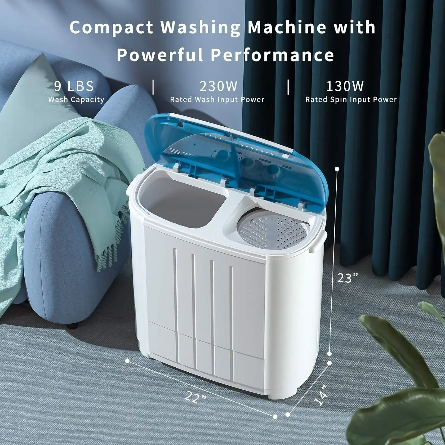 Washing Machine, 14lbs Mini Twin Tub Washer Compact Laundry Machine with Built-in Gravity Drain Time Control, Semi-automatic 9lb