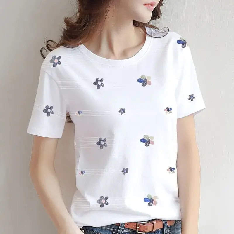 Short-sleeved Printed T-shirt Women\'s Summer 2024 New Korean-style All-match Loose Floral Half-sleeved Top Short-sleeved T-shirt