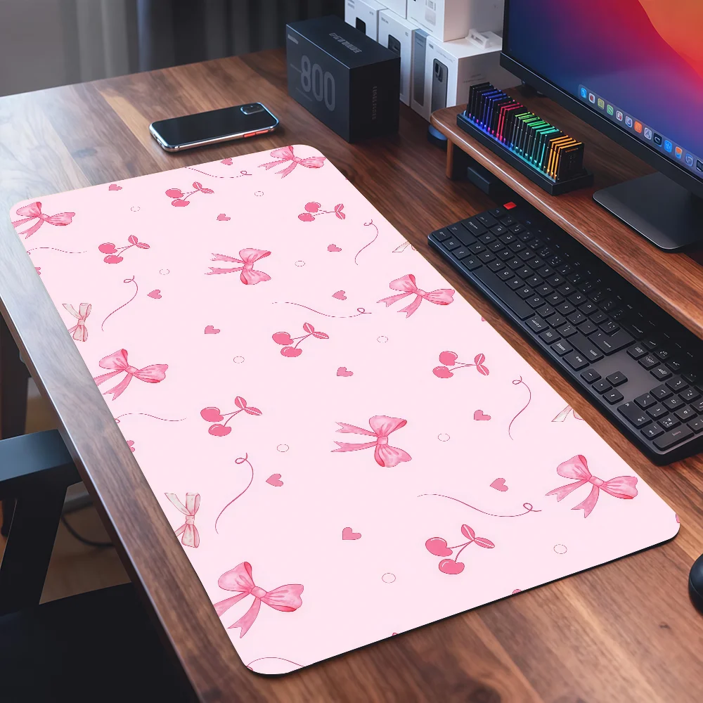 Pink Bow Mouse Pad Square Office Gaming Desk Mat Waterproof Non-Slip Rubber Decorative