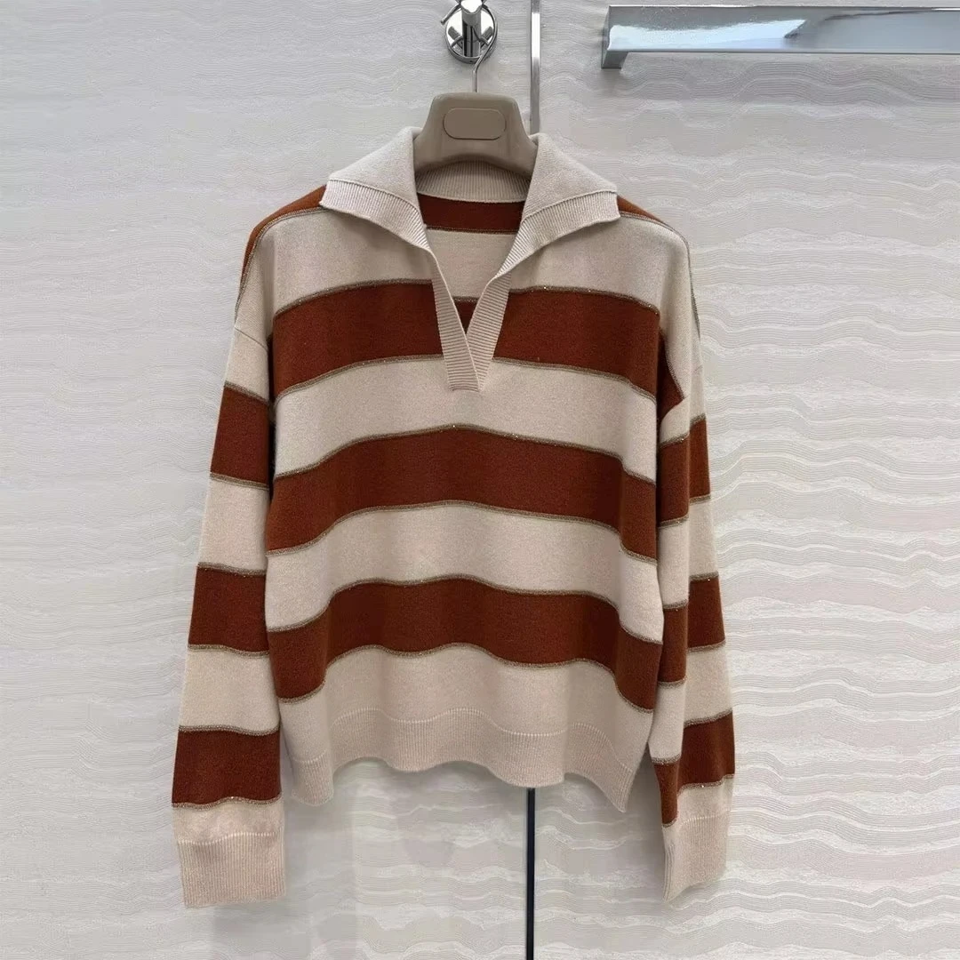 2026 Fall Winter Old Money Style 100% Cashmere Knitted Sweater Women Lapel Long Sleeve Wide Stripe Gold Thread Embroidery Jumper