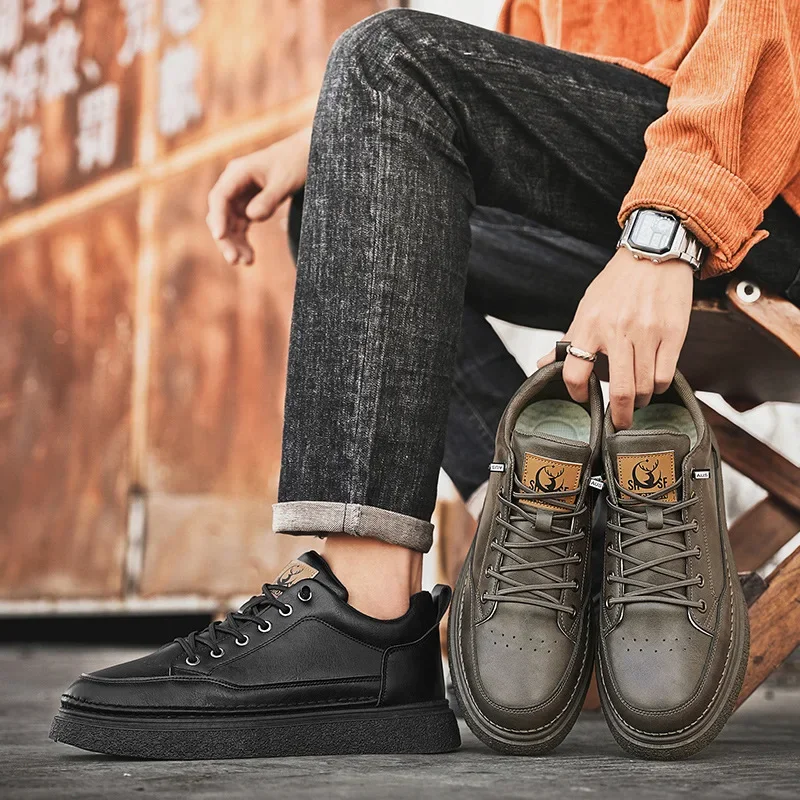 

Новая мужская весенняя стильная дышащая непромокаемая нескользящая повседневная обувь из синтетической кожи с круглым носком, черная спортивная обувь для отдыха