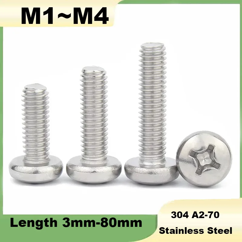 Винт машинный DIN7985 M1 M1.2 M1.6 M2 M2.5 M3 M4 из нержавеющей стали 304, с круглой головкой, под крестообразный шлиц (Phillips), с полукруглой головкой (кнопочной головкой)
