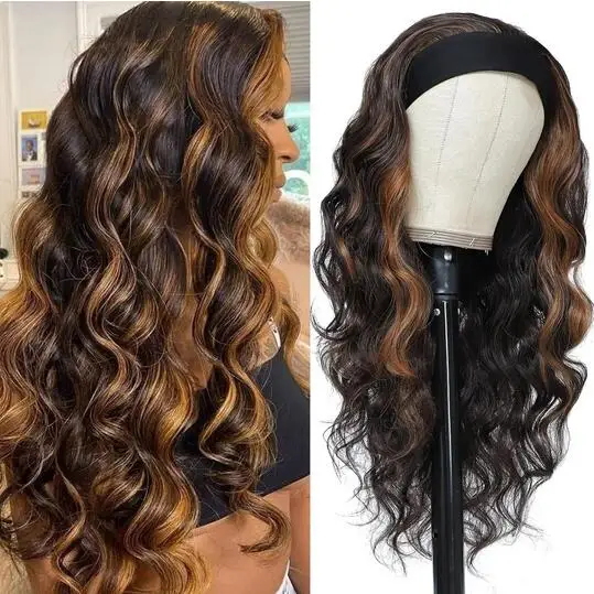 

Brown Highlight Headband Wigs For Black Women 26" Body Wavy Wig With Headband Attached Natural Looking Synthetic Hair Wig