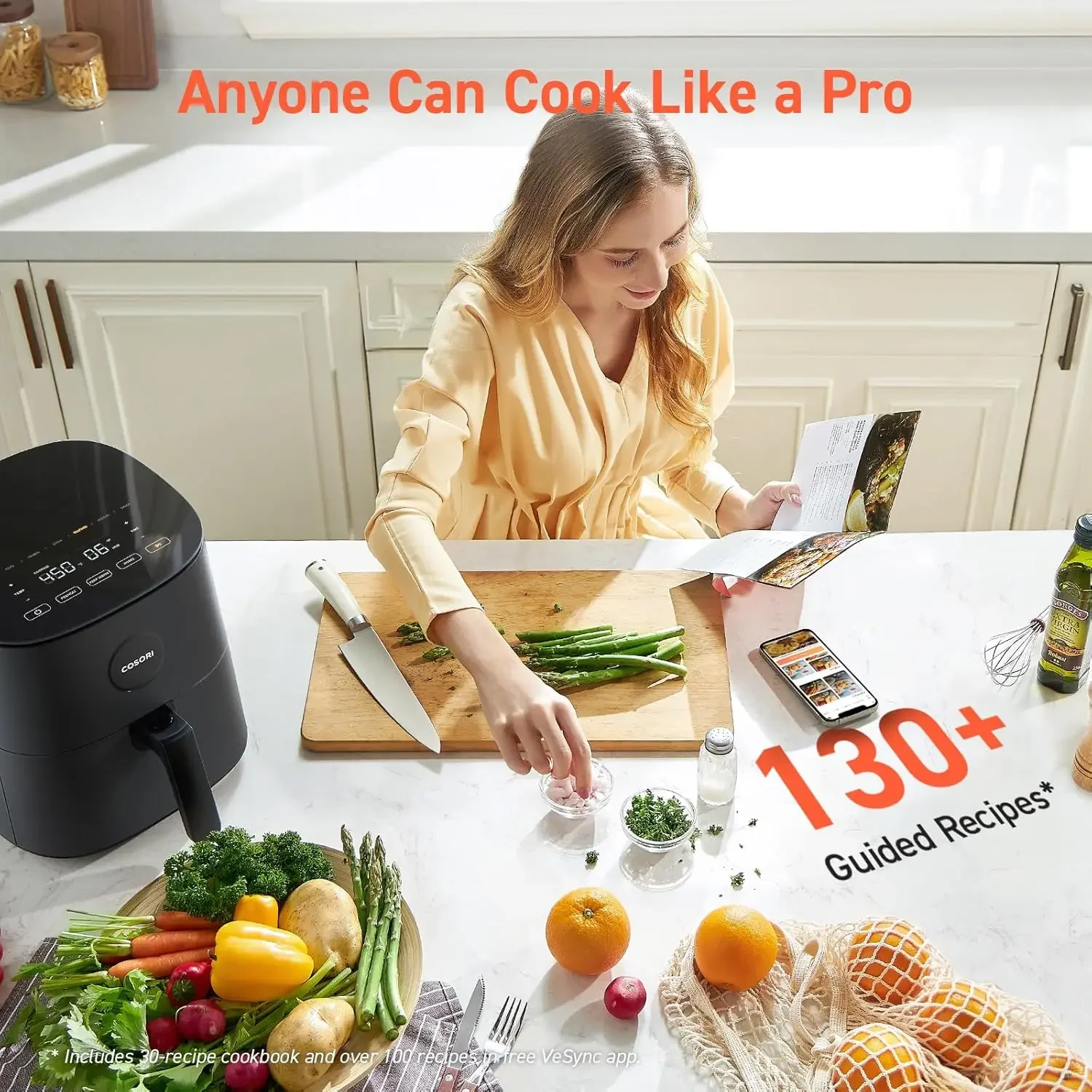 Air Fryer 5 Qt, Max 450F for Juicy Meat, Veggies, Frozen Food, Glass Touch Panel, 130+ In-App Recipes, Little to No Oil,