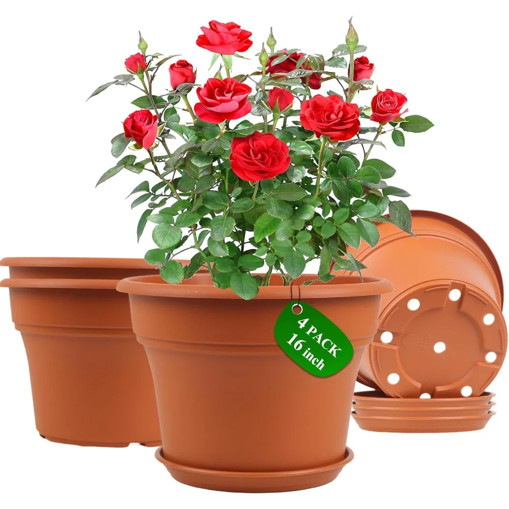 

16 inch Plastic-Flower-Pot-for-Indoor-Plants, 4 Pack Large Outdoor Planter Pot with Drainage Holes & Saucers