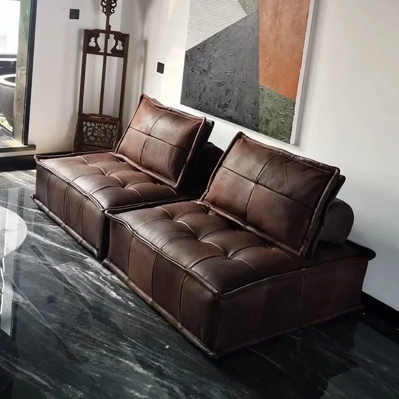 

Square Sectional Sofa Fancy Leather Brown Small Designer Luxury Nordic Sofa Lazzy Puffs Modular Salon Meuble Home Furniture