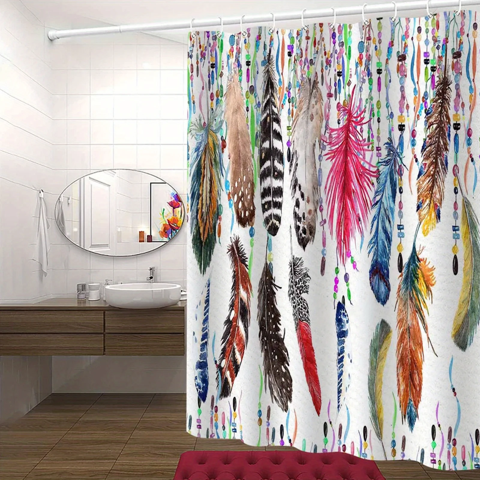 Jit1pc Creative Nordic Color Watercolor Feather Design Shower Curtain, Luxurious And Fog-Resistant Bathroom Curtain, Versatile C