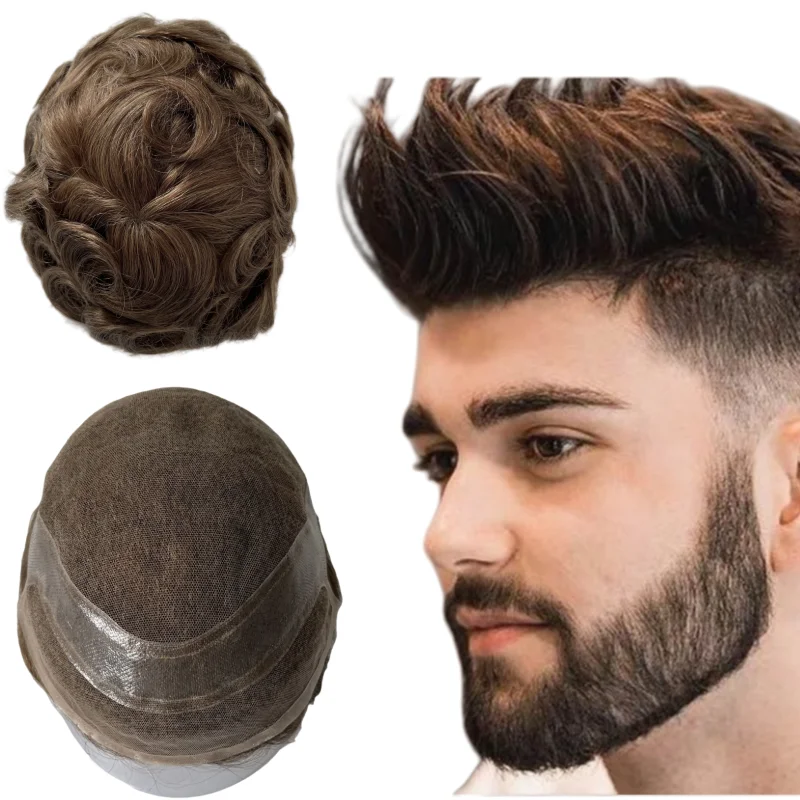 

Malaysian Virgin Human Hair Systems Light Brown Color #7 32mm Wave Hollywood Toupee 8x10 Front Lace Unit for White Men