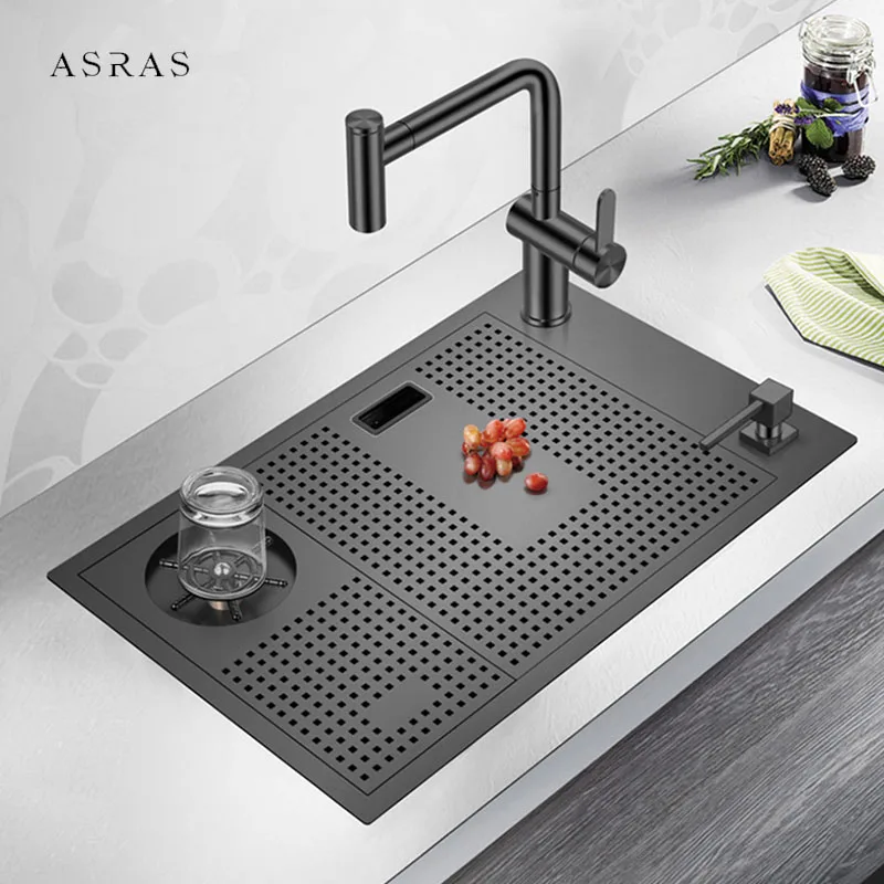 ASRAS Hidden Cup Rinser Kitchen Island Sinks SUS 304 Stainless Steel Nanometer 4mm Thickness Handmade Bar Counter Hidden Sinks