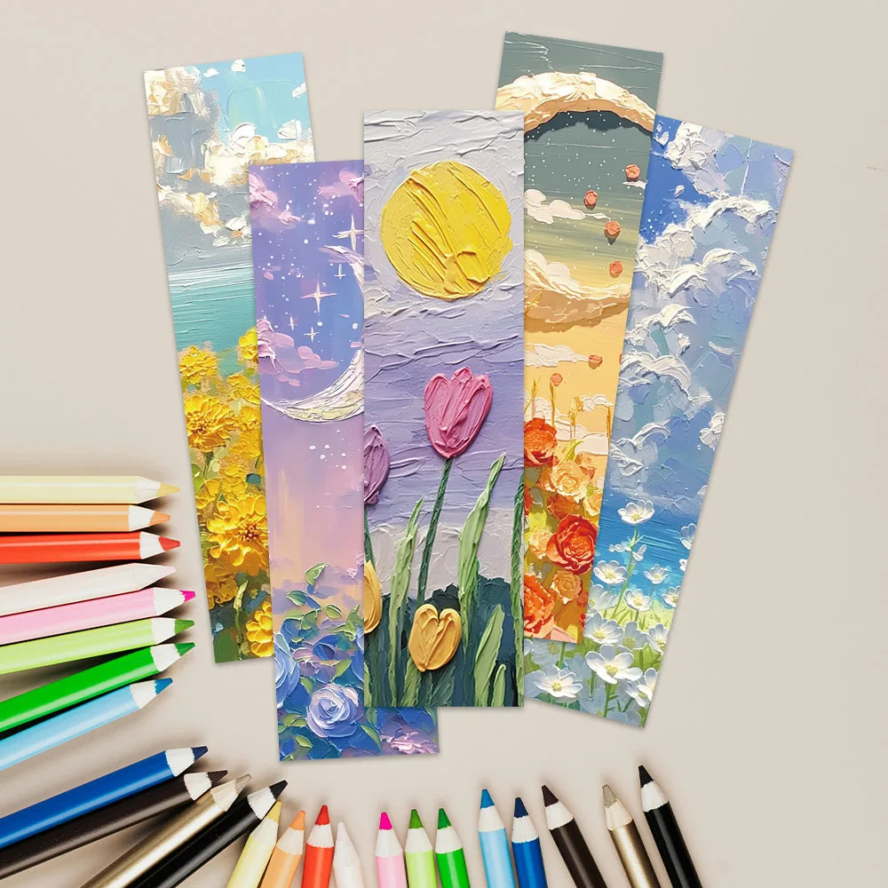 30pcs Cartoon Flowers Landscape Oil Painting Paper Bookmarks DIY Students Readers Page Markers Library Office Page Marking