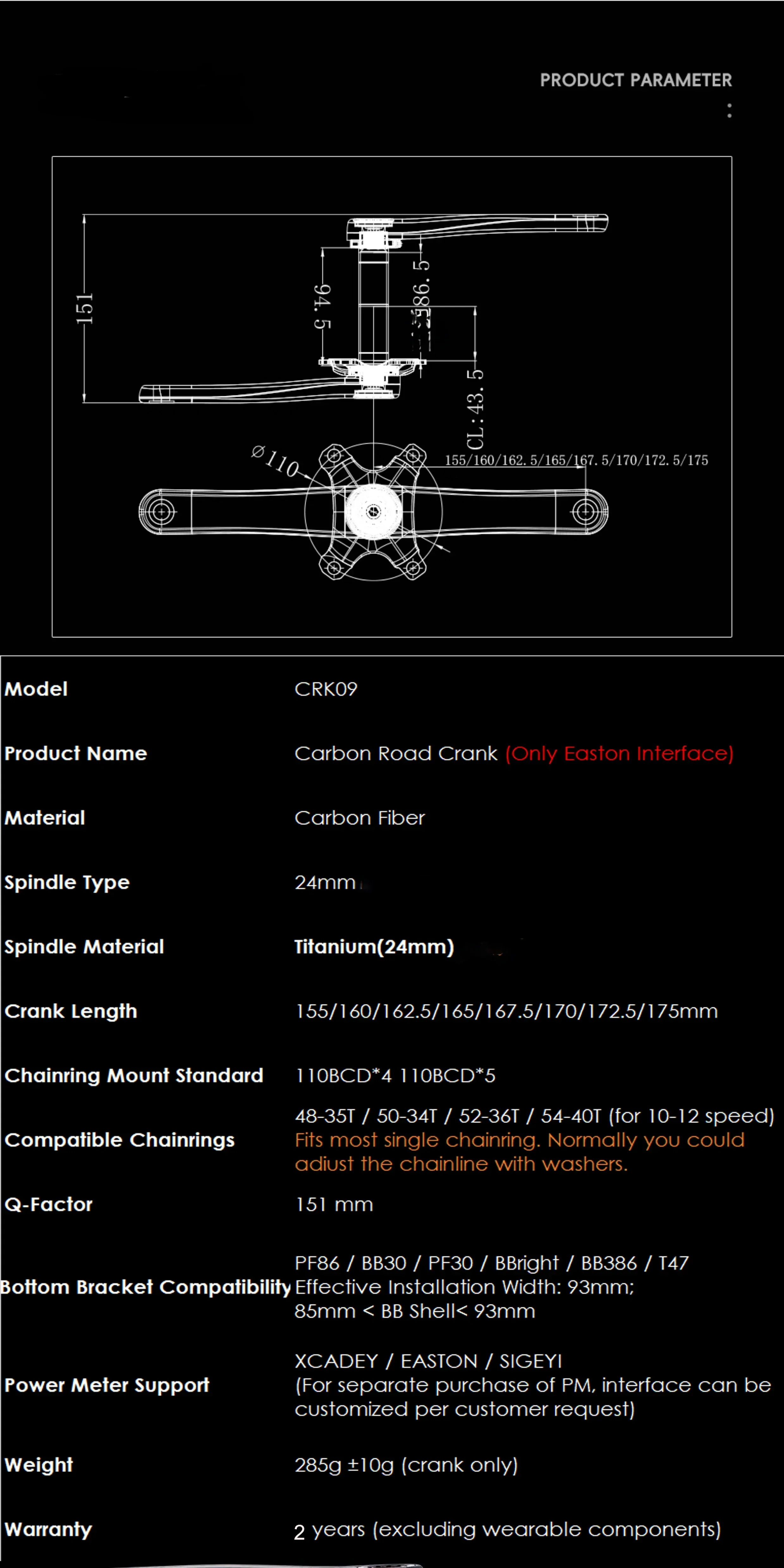 Carbon-Kurbelgarnitur für Rennräder, 155mm-175mm Länge, DUB 24mm Titan-Spindel für 110BCD Spider Spec EASTON Interface Kurbelgarnitur – Detail 4