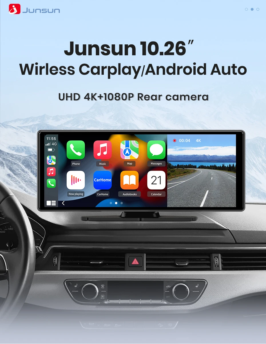 Junsun 10,26 Zoll Dashcam 4K Auto-DVR, kabelloses Carplay für Apple Android Auto, GPS-Navigation, Dashboard-Videorecorder, IPS-Touchscreen, Dual-Objektiv-Rückfahrkamera, BT-Audio, AUX, WIFI, FM – Detail 2