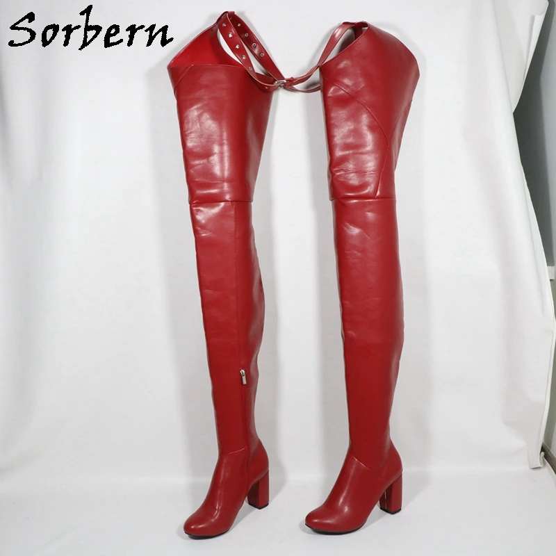 Sorbern Deep Red Matte Women Boots With Belt Block High Heel Round Toe Square Heeled Half Zipper Long Boots Custom