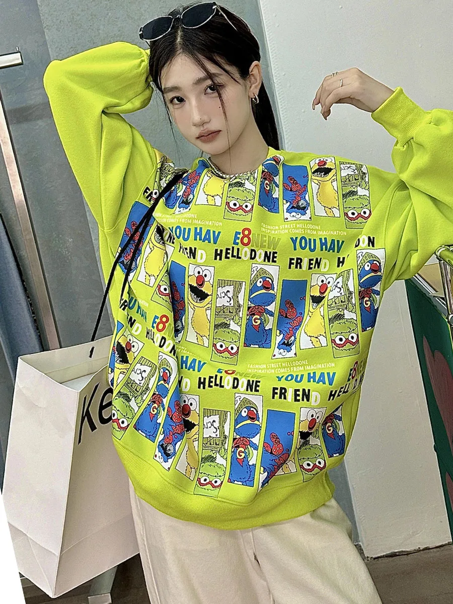 American Style Cartoon Print Oversized Hoodies Women Spring Autumn Fashion Round Neck Loose Mid-Length Casual Sweet Shirt Top