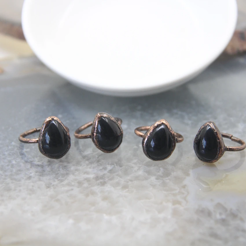 Natural Obsidian Antique Copper Bezel Rings Teardrop Shape Black Stone Band Retro Punk Adjustable Finger Jewelry Fashion Gifts