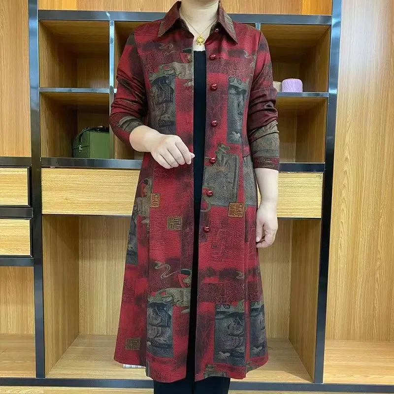 Casual Vintage Printed Midi Trench Female Clothing Single-breasted Spring Autumn Turn-down Collar Long Sleeve Straight Jackets