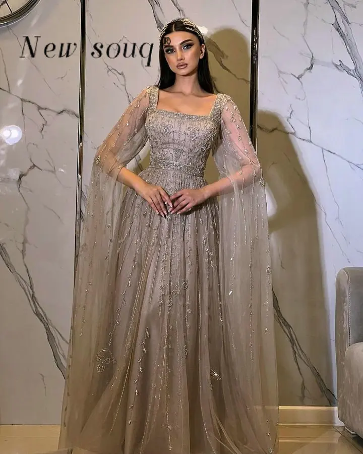 Saudi Arabic A Line Square Neck Evening Dresses with Cape Sleeves Glitter Sequin Beaded Formal Gowns Elegant for Women Party