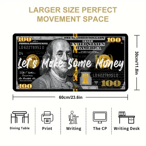 Imagen 2 del producto Alfombrilla de ratón grande con diseño de dinero, alfombrilla de escritorio con diseño divertido, alfombrilla de ratón artística con Base de goma antideslizante, borde cosido, para el trabajo, 30x60