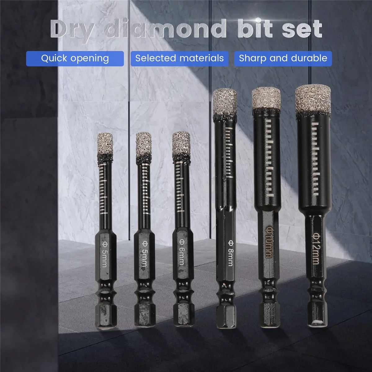 6Pc Black Dry Diamond Drill Bits Set for Granite Ceramic Marble Tile Stone Glass Hard Materials 5/6/8/10/12mm
