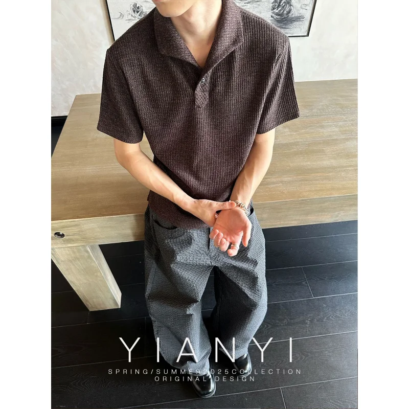 

EME Мужская мода Легкая роскошная римская клетчатая цельный воротник в итальянском стиле с кошачьим глазом и каменной пуговицей Обычные плечи с коротким рукавом B