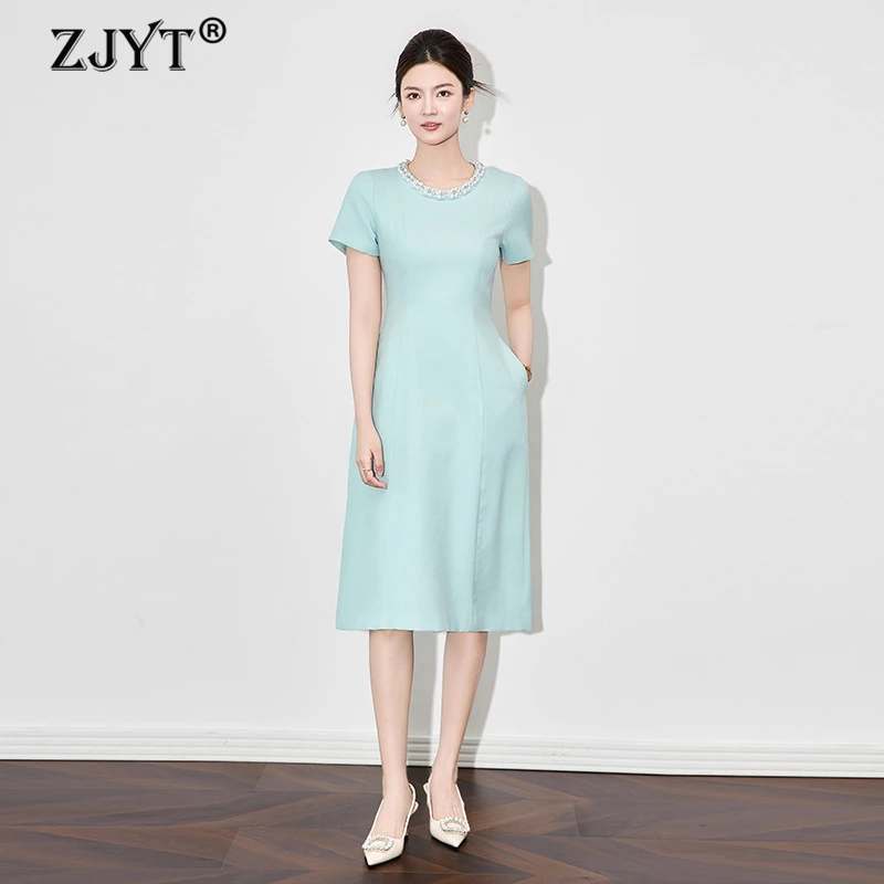 

ZJYT Элегантные простые платья с круглым вырезом и бисером для женщин, летние однотонные зеленые, черные офисные женские рабочие платья с короткими рукавами, миди, Vestidos