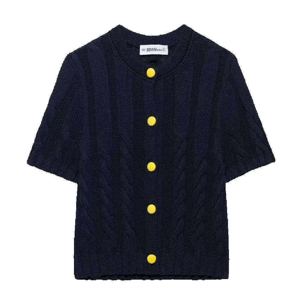 

Women's Embroidered Loose Top Round Neck Short Sleeve Color Contrasting Button Knitted Spring/Summer New Fashion Knitted