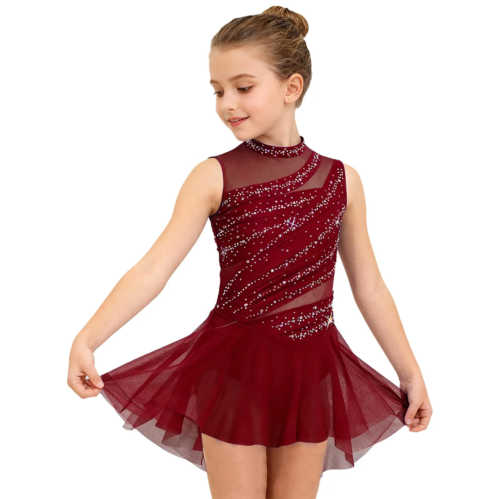 Bild 3: Mädchen Gymnastik-Ballett-Trikot Lyrisches Tanz-Performance-Kostüm Transparentes Netz Gerafftes Glänzendes Strass-Eiskunstlaufkleid