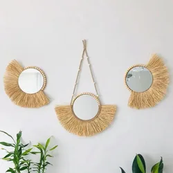 Boho Home Furnishing Forest Rattan Decorative wall mirrors Raffia Woven Wooden Bead Tapestry Living Room Decorative mirrors