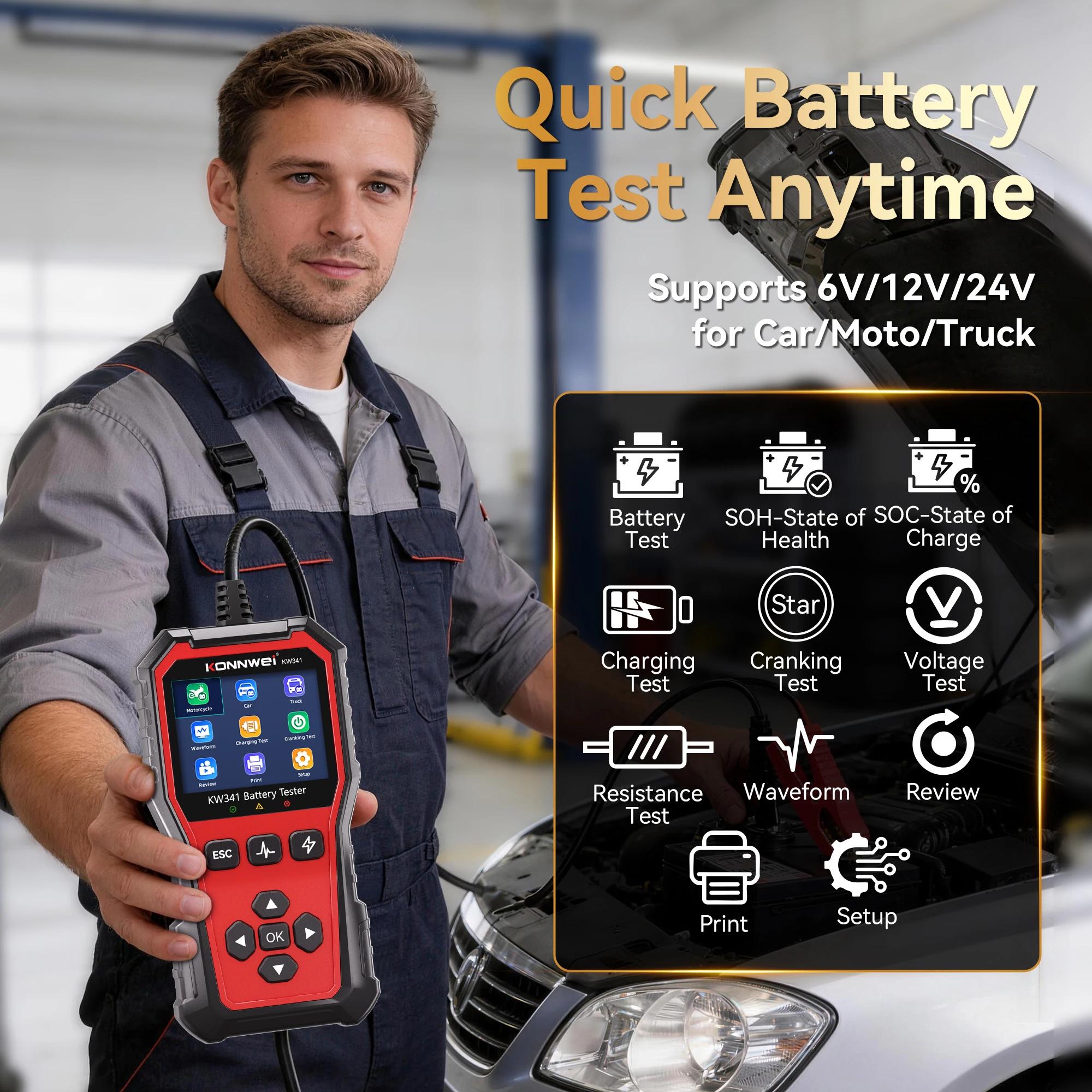 2026 KONNWEI KW341 Car Moto Truck Battery Tester 6V12V 24V Fault Data Printing Start Voltage Test Car Battery Charging Scan Tool