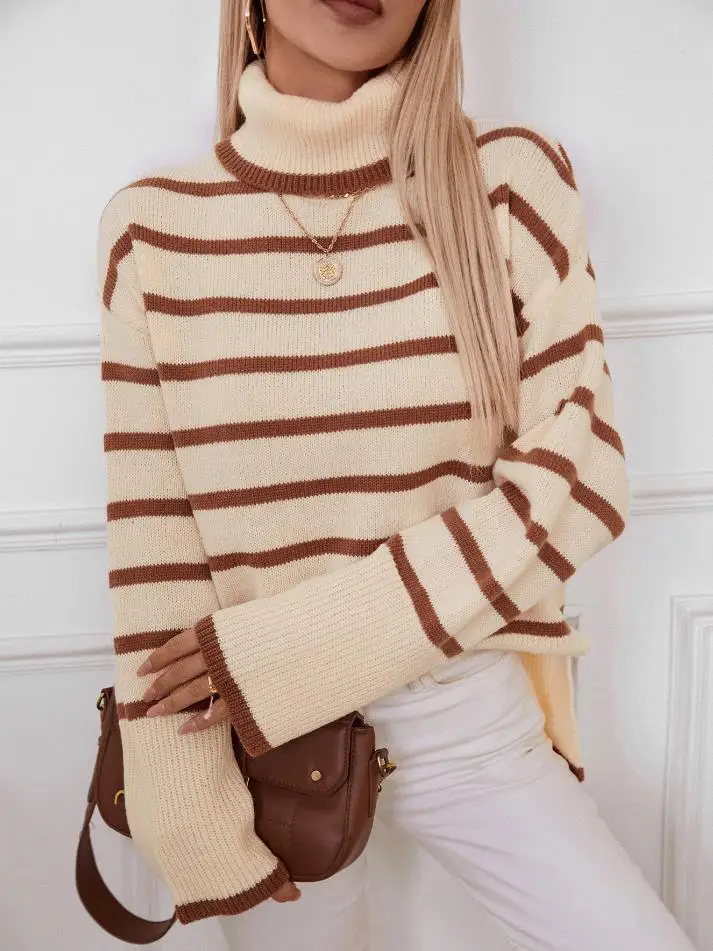 Elegant Collar Style Commuting Striped Women's Sweater Pullover Tops 2025 Autumn Winter Spring Fashion Casual Female Clothing