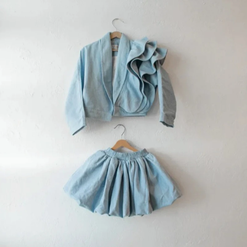 

2025 Autumn Girls' Cotton Design Side Lace Jacket and Petal Skirt Two-piece Set