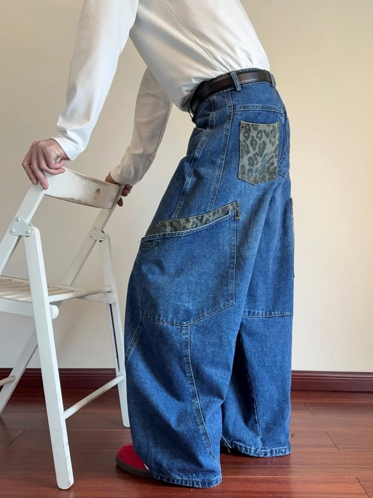 

Модные американские мужские джинсы прямого кроя для весны и осени с нашивками и декоративными элементами, износостойкие, повседневные, прямые.