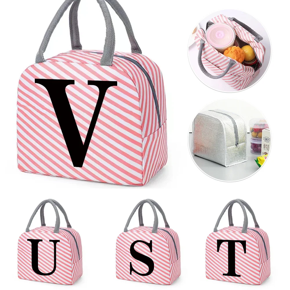 

Insulated Lunch Bag for Kids Girl Leakproof Red Stripe Design Lunch Box Black Letter Printing Series Organizer Safe Zipper