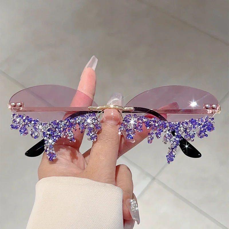 Rimless Tear Shaped Rhinestone Sunglasses Women Fashion Trendy Decorative Shades Stylish Rave Party Beach Festival Sun Glasses