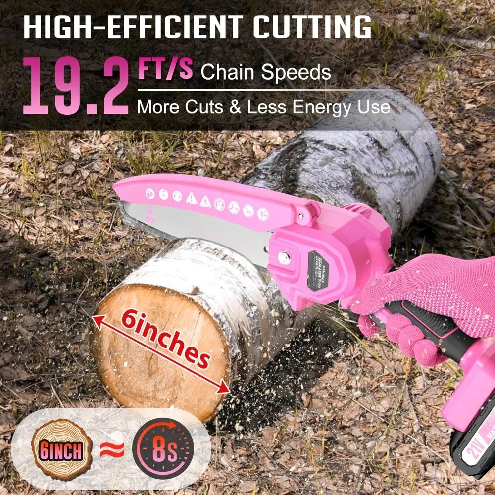 Mini Chainsaw 6-Inch Battery Powered - Pink Cordless Electric Handheld Chainsaw with 2 Rechargeable Batteries 21V Small Power