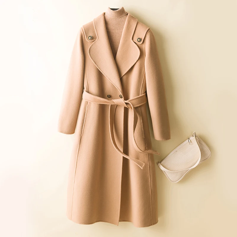 Long Coats Women Woolen Trench Jacket 100% Merino Wool Winter Fashion Lapel Belted Overcoat Autumn Vintage Thick Clothing Korean