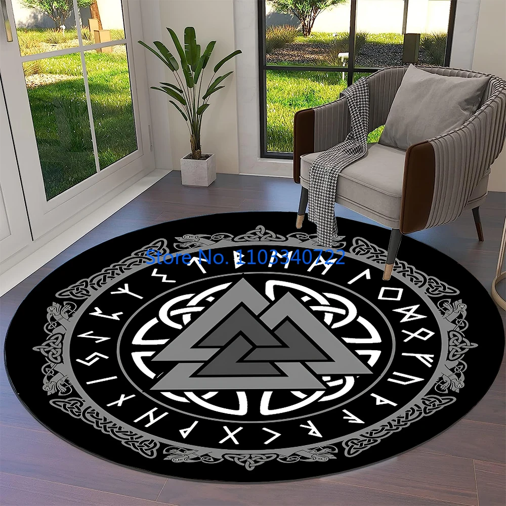 Tree of Life Viking Yggdrasil Valknut Round  Rug Round Carpet 120cm Crawling Game Non-slip Play Floor Mat for Kids Decor