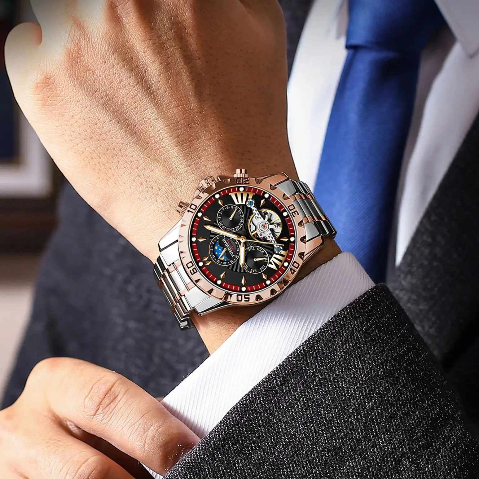 POEDAGAR ساعة رجالية ميكانيكية أوتوماتيكية جديدة توربيون مجوف مقاوم للماء مضيئة تاريخ الأسبوع الفولاذ المقاوم للصدأ ساعات رجالية فاخرة