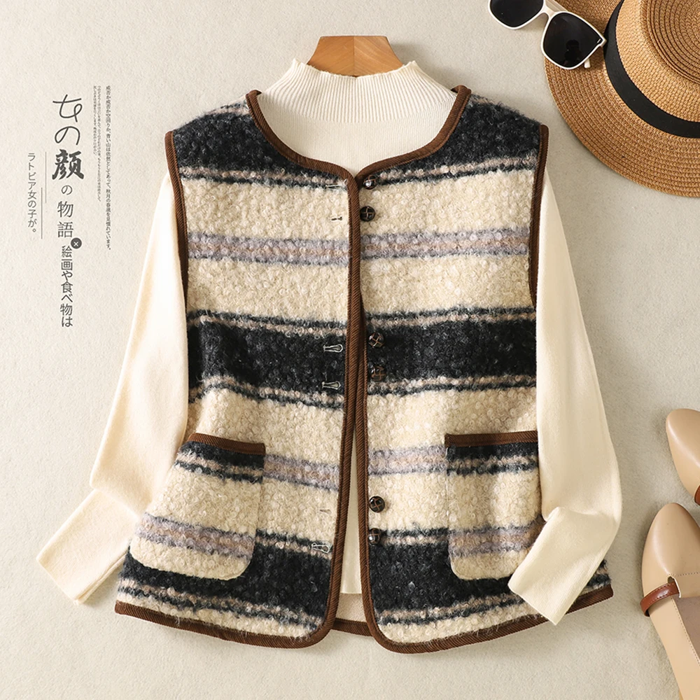 Korean Style Striped Women's Vest Jacket Outerwear Autumn Winter New Model Layering Top Match All Styles Single Button Closure
