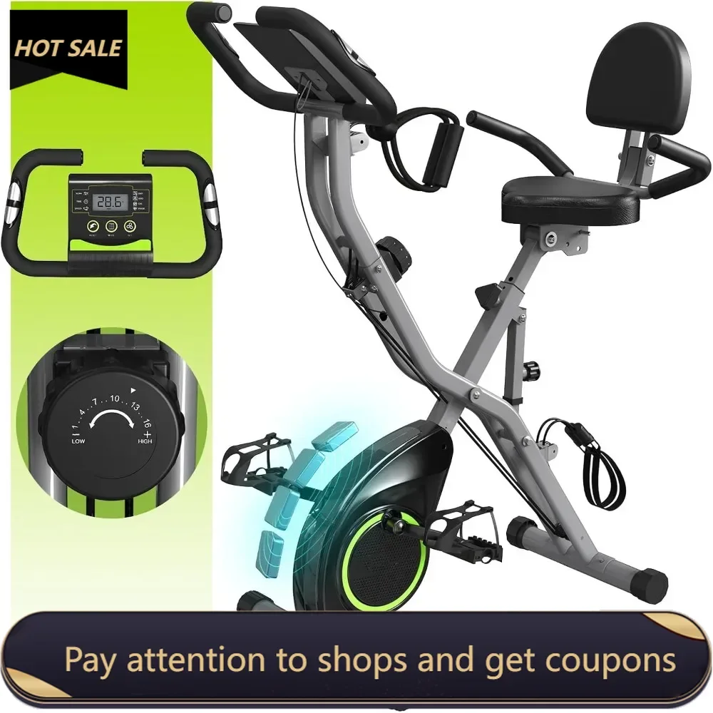 

Indoor Exercise Bike for Seniors, 5 IN 1 Foldable Stationary Bike with 16-Level Magnetic Resistance and Tri-Position Ride