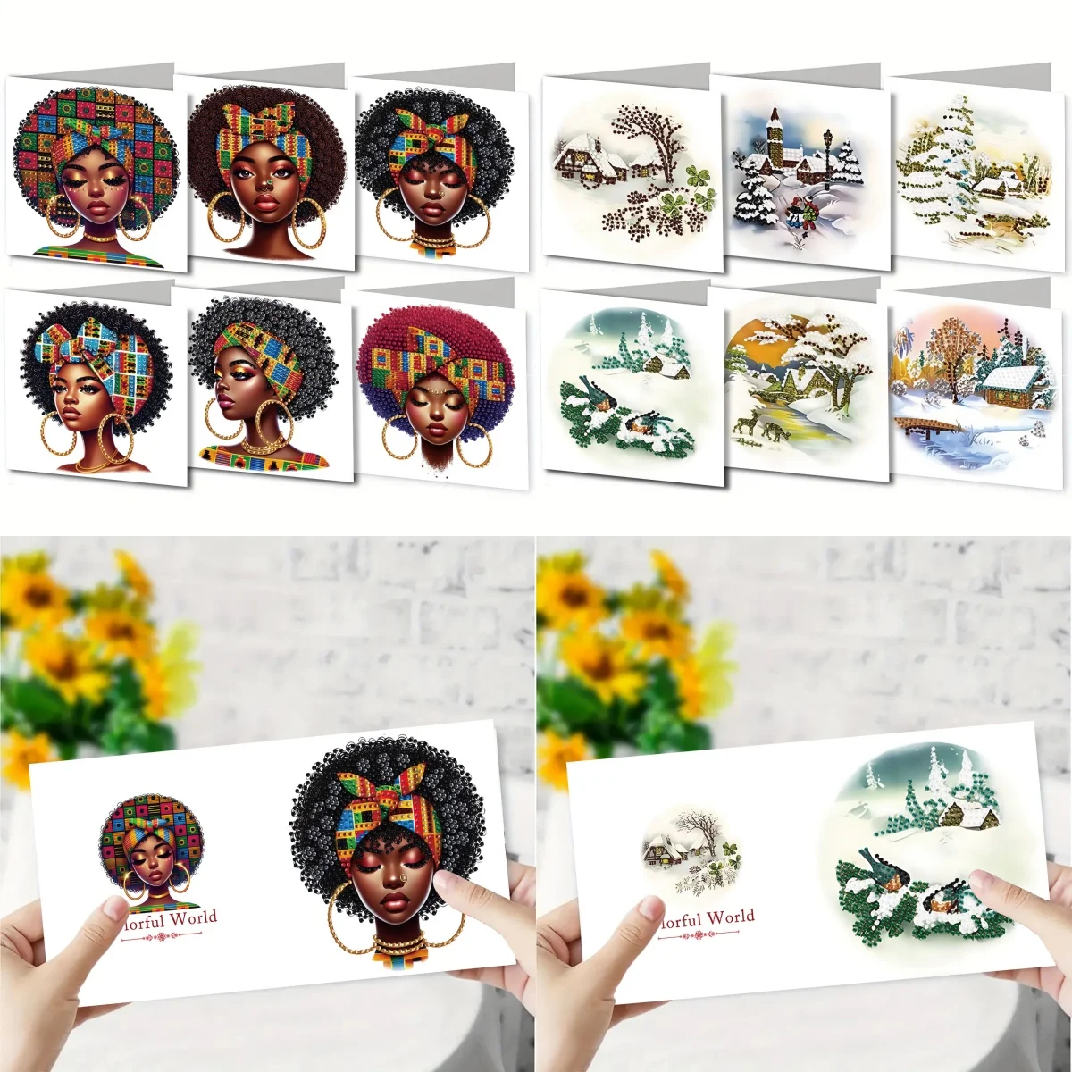 6 selbstgemalte, unregelmäßig eingelegte, mit Diamanten besetzte Schneeszene/Figur/Muster-Grußkarten-Sets, die nicht gesprochenen Liebe und Schreiben ausdrücken