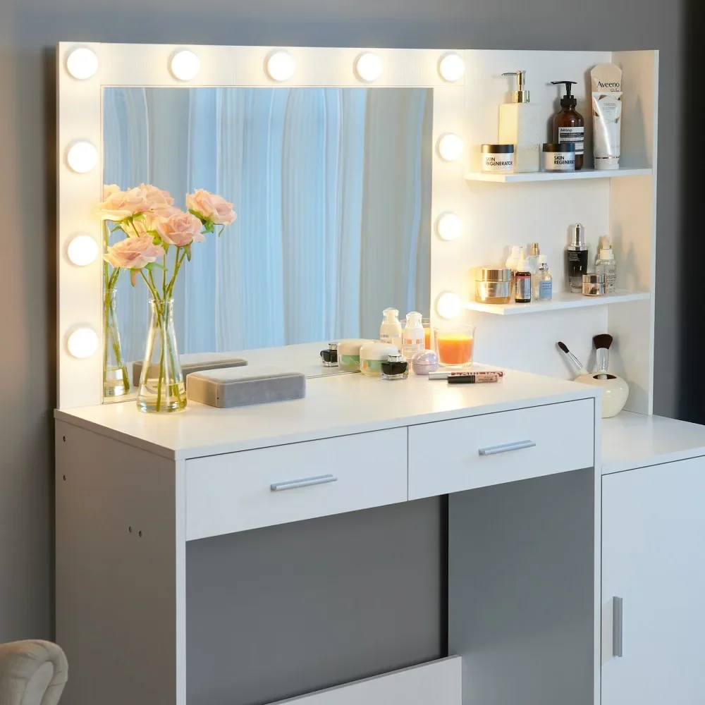 Makeup Vanity Desk with Mirror & Light - Adjustable Color and Brightness Lights, Oversized Drawer, Large Storage Space Vanity