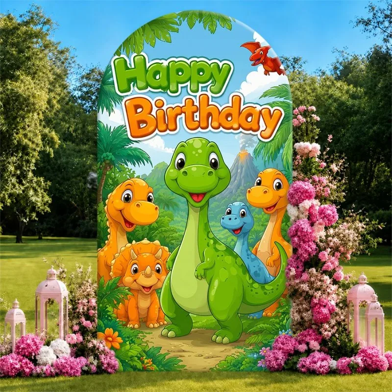 

Single Side Arch Backdrop Cover Dinosaur Theme Birthday Backdrop Decor with Happy Birthday Text Green Dino Family and Baby
