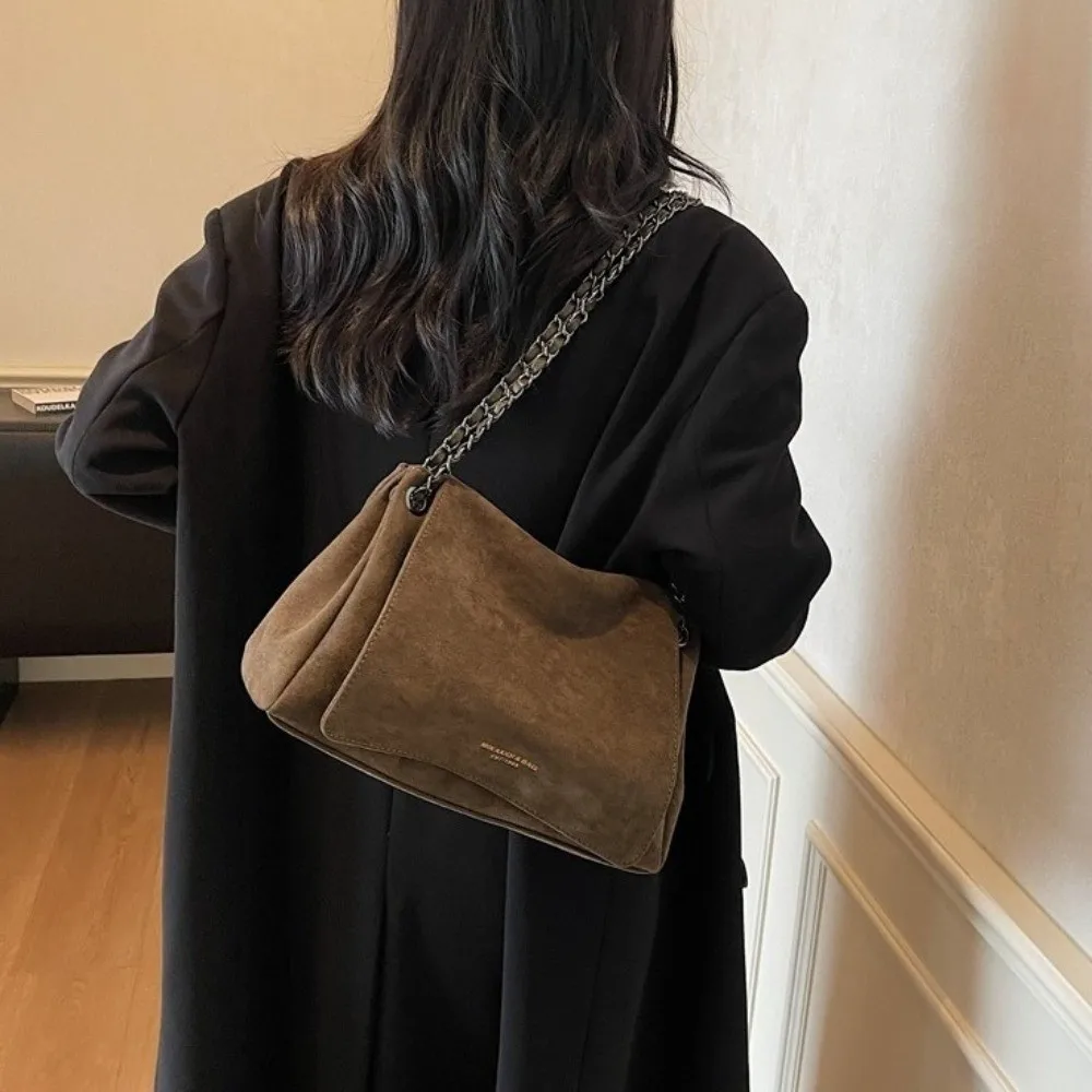 Elegante Retro Damen Schultertasche aus Wildleder, Große Kapazität, Handtasche, Umhängetasche, Einfarbig, Ketten-Unterarmtasche, Herbst Winter – Detail 16